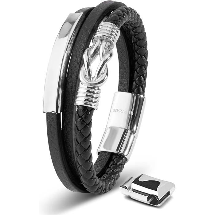 bracelet homme acier inoxydable cuir noir croix fermoir magnétique 19