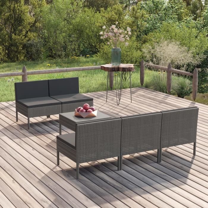 vidaXL Salon de jardin 6 pcs avec coussins Résine tressée Gris