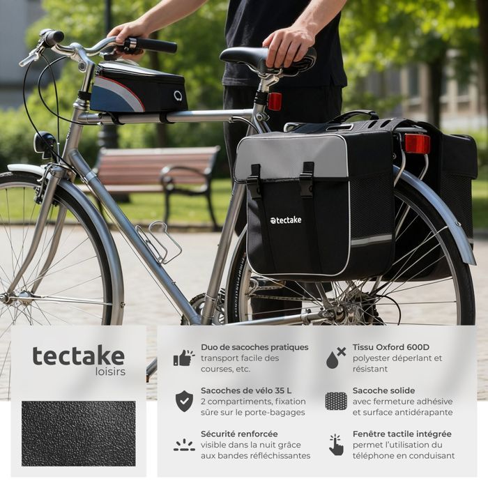 Tectake® Ensemble Double Sacoche Vélo – Porte-Bagages 35L + Sacoche Cadre Support Téléphone, Déperlant