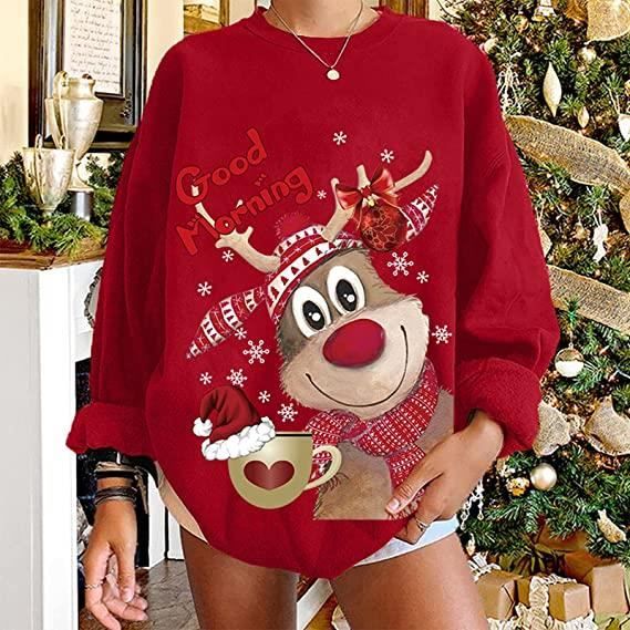 Noël Femme Sweat à Capuche Sweatshirt Manches Longues Pull Noel