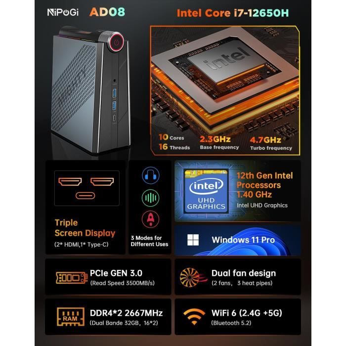 NiPoGi - Mini PC - Intel Core i9-11900H - 16Go DDR4 512Go ROM - Windows 11  - Triple Affichage 4K - WiFi 6 - BT 5.2 - Cdiscount Informatique