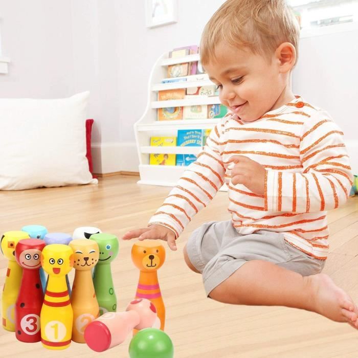 Jeu De Quilles En Bois Afunti – 10 épingles Animaux + 2 Balles, éducatif Et Coloré, Dès 3 Ans