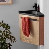 Meuble lave-mains d'angle SKINO en bois décor chêne avec vasque noire en résine de synthèse et robinet noir