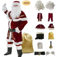 Costume de Père Noël pour Hommes 12pcs Complet de Déguisement de Noël pour Adulte Rouge Velours de Luxe Vêtement de Père Noël