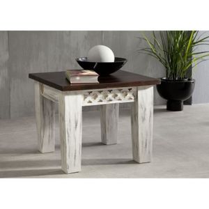 TABLE BASSE Table basse carrée 55x55cm - Bois massif de manguier ciré (Blanc antique) - Style Campagne Chic - CASTLE ANTIK #249