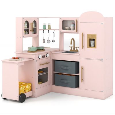 HONEY JOY Ensemble de jeu de cuisine pour enfants, ensemble de cuisine jouet d'imitation en bois Little Chef avec tableau noir, téléphone, ustensiles, four, micro-ondes, évier, rangement, cuisine de