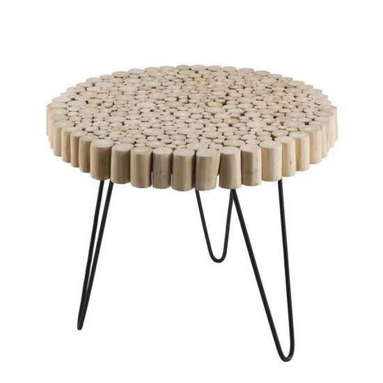 MACABANE LALY - Table d'appoint 55x55cm plateau rond bois teck naturel pieds épingles métal noir