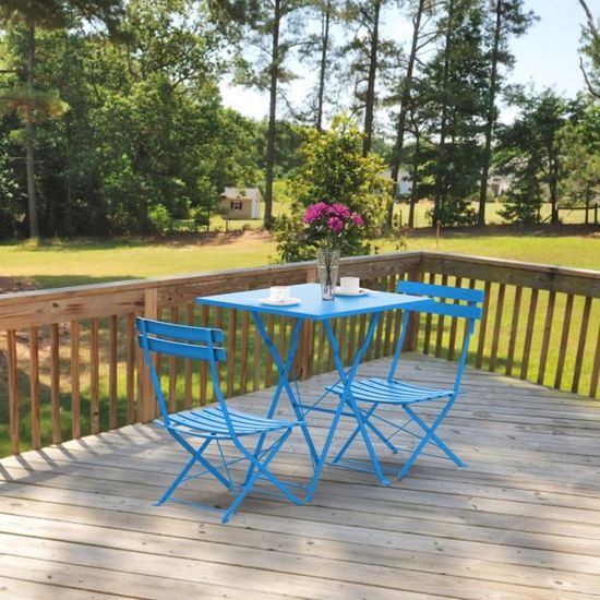Ensemble table chaise de jardin pliable - QIFAshma - Bleu - Carré - Contemporain - Idéal pour les petits espaces