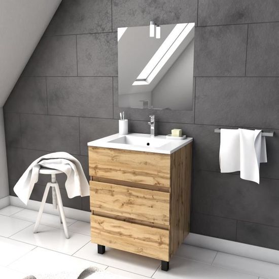 Meuble salle de bain 60 cm monté suspendu blanc H70xL60xP45cm avec tiroirs vasque et miroir