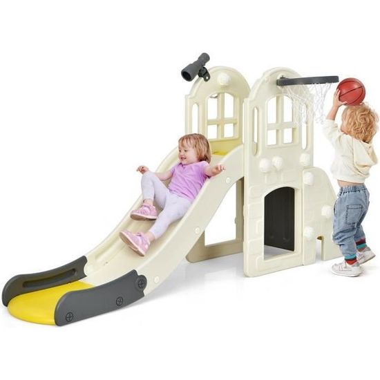 COSTWAY Toboggan 6 En 1 - HDPE - Panier De Basket, Télescope, Cachette - 12 Mois+ - Jaune/Vert