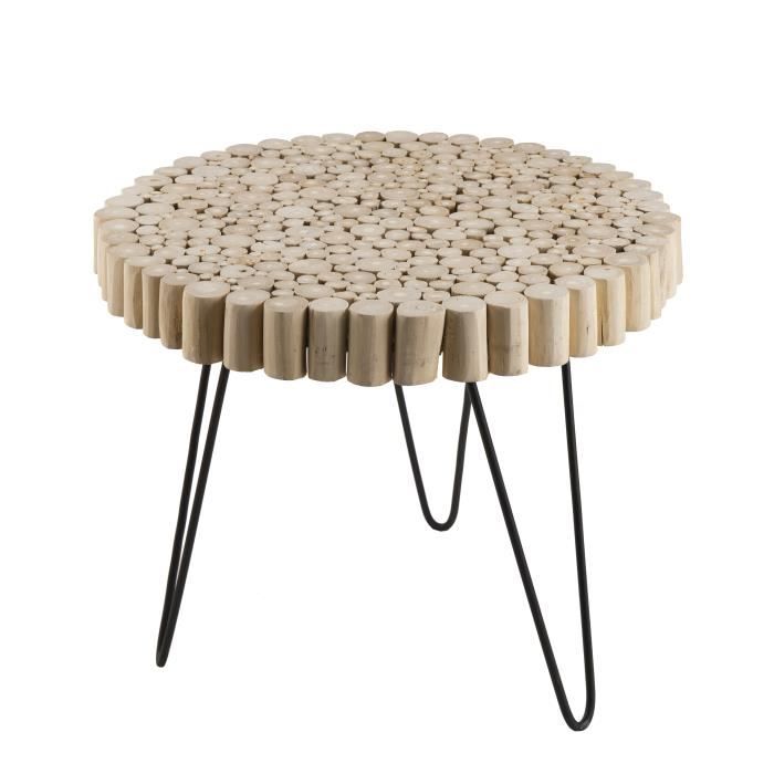 Table d'appoint ronde ethnique en bois teck massif naturel - Pieds épingles scandi en métal - Ø55 cm
