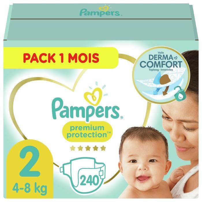PAMPERS Premium Protection New Baby Taille 2 - 4 à 8kg - 240 couches - Format pack 1 mois