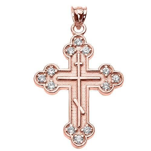 Chaine De Cou Vendue Seule J98IK Femmes en or 10k Rose Cz Croix orthodoxe orientale Pendentif