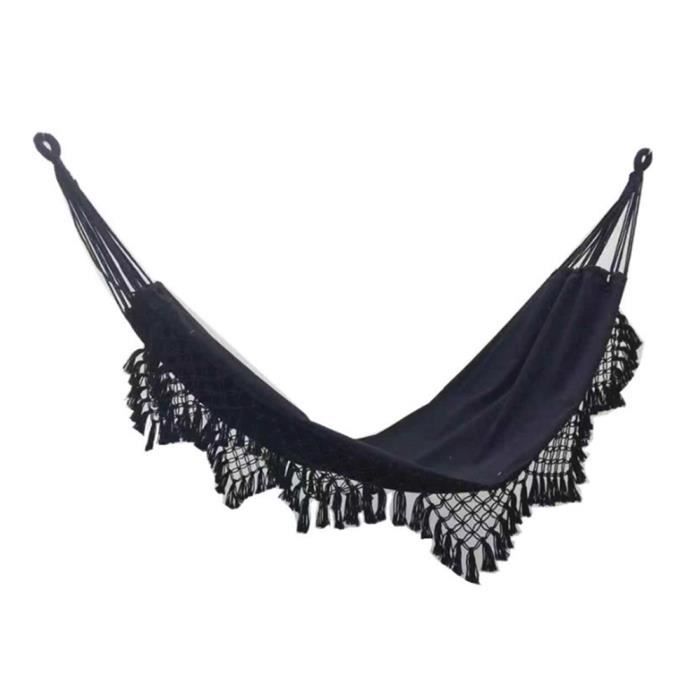 NOUVEAU Hamac Suspendu Double NOIR Frange - 200 cm x 150 cm