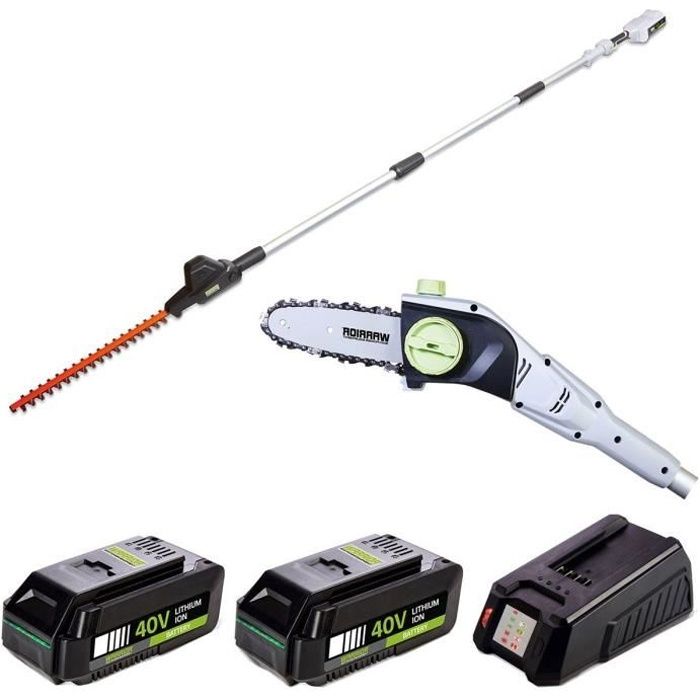 Taille-haies Elagueur sans fil 40V + 2 Batteries lithium 2.5 Ah + Chargeur Rapide Perche télescopique 2en1 WARRIOR Blanc