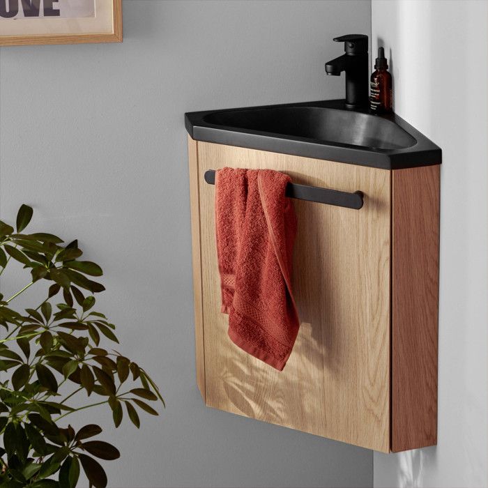 Meuble lave-mains d'angle décor chêne vasque noire SKINO avec robinet noir