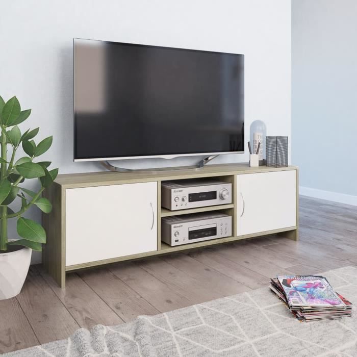 Luxueux Meuble TV Design - Meuble de rangement Meuble de Télévision Blanc et chêne sonoma 120 x 30 x 37,5 cm Aggloméré ♫14053