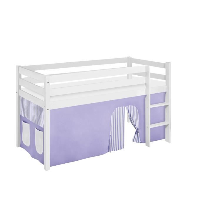 Lit surélevé ludique JELLE 90 x 190 cm lilas beige-S - avec rideaux - LILOKIDS - blanc laqué