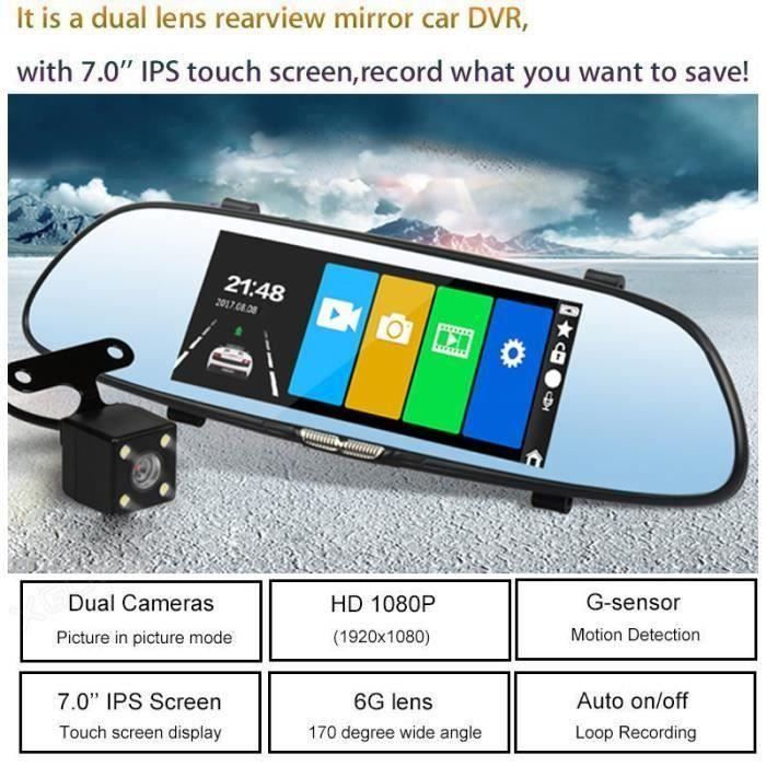 RADAR DE RECUL 7 Pouces Enregistreur DVR de Voiture avec Objectif Grand Angle de 170 ° et Capteur G pour Véhicules avec Rétroviseu