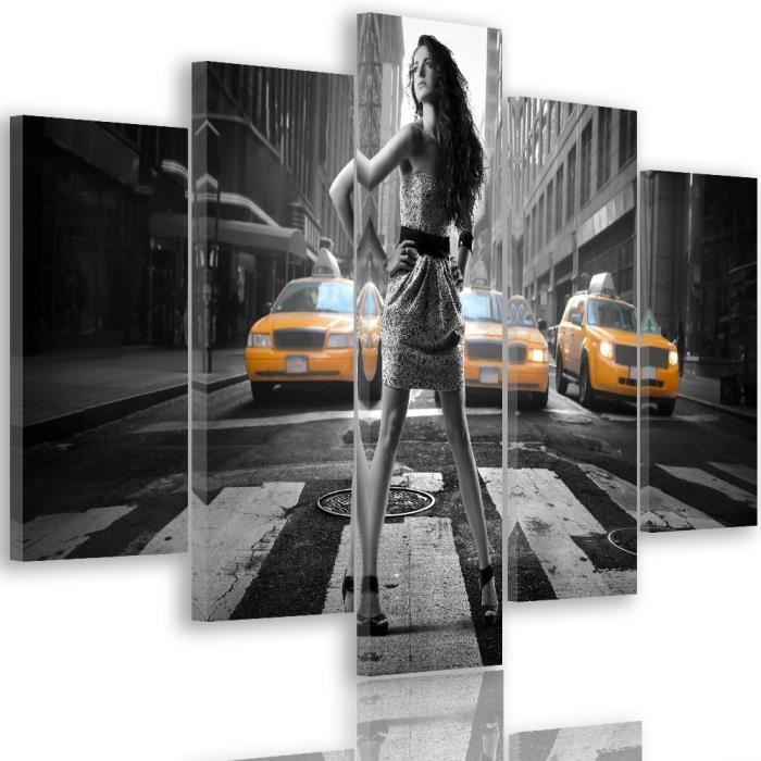 Tableau déco multi panneaux mural XXL impression sur toile NEW YORK TAXI FEMME NOIR ET BLANC JAUNE