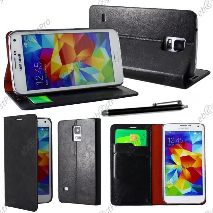 Etui portefeuille Luxe Samsung Galaxy S5 G900, Noir +Stylet +Film