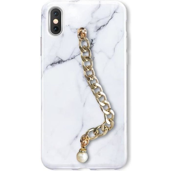 Coque pour iPhone XR effet marbre dragonne chaine dorée