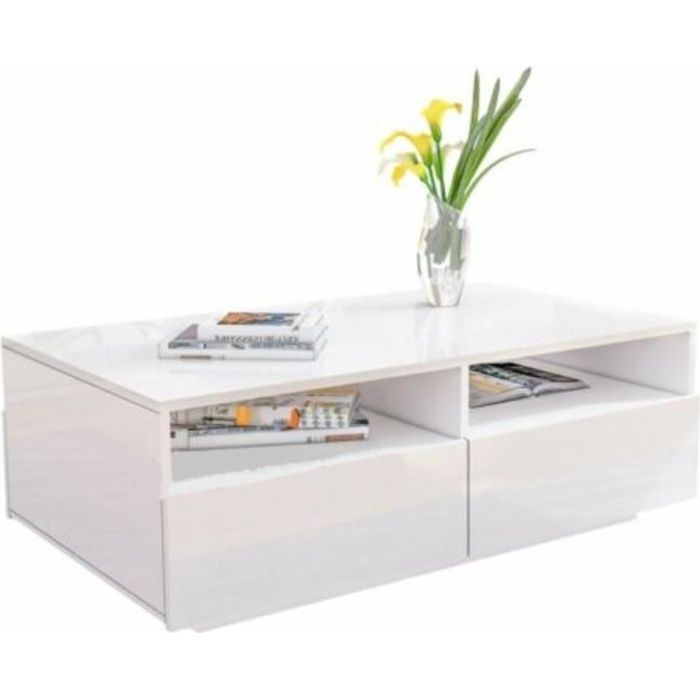 MONSEUL TABLE BASSE Blanche Brillante à 4 Tiroirs Design Moderne pour Salon