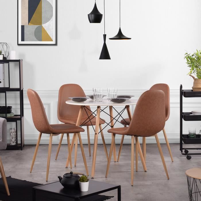 Ensemble table à manger ronde 80 x 80 cm blanc et lot de 4 chaises au style vintage marron