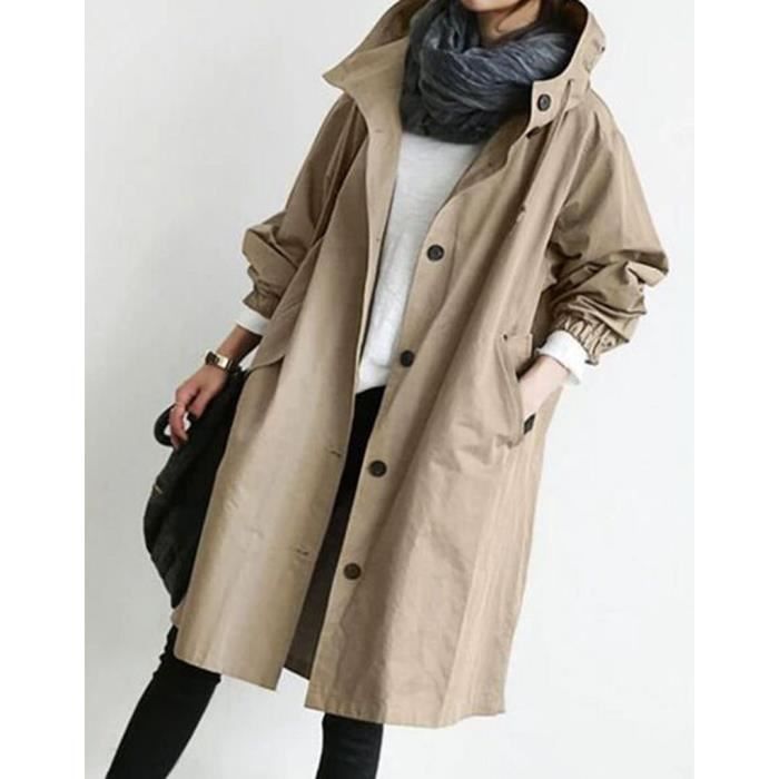 Femme Trench Coat Veste Loose avec poche Blouson Parka Manche longue Automne Printemps café