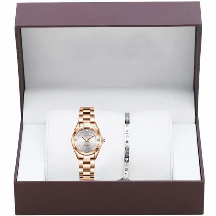 Coffret cadeau montre femme , montre à quartz élégante + bracelet de luxe, bracelet en acier inoxydable or rose