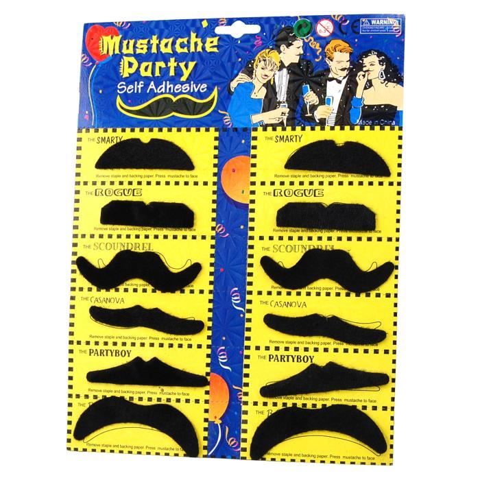 TRIXES Set 12 fausses moustaches auto-adhésives assorties pour soirées costumées