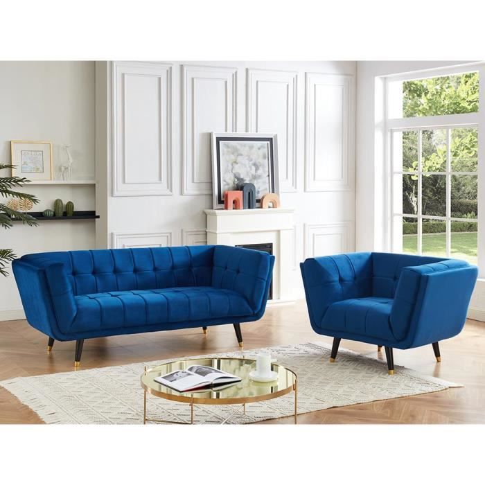 Canapé droit 3 places Bleu Velours Vintage Confort