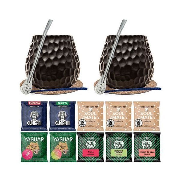 Yerba Mate Bio Kit Marron Calebasses Maté Rayon de miel 400 ml x2 + Échantillons de Yerba Mate 10x 50 g + Bombilla x2