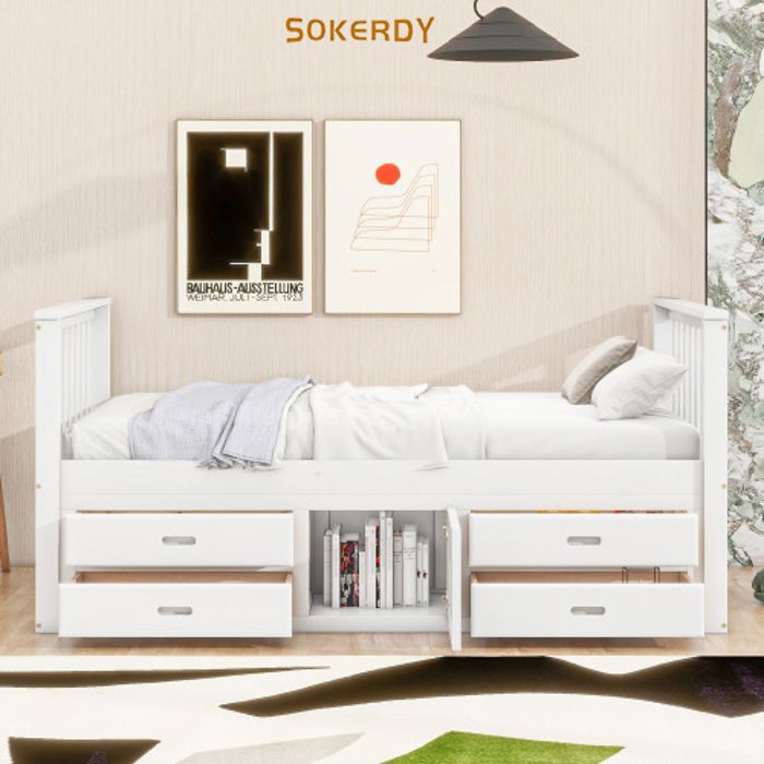 sokerdy lit enfant 90x200 cm, lit plateforme fonctionnel avec 4 tiroirs et armoires de rangement, pin + mdf, blanc