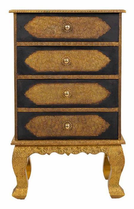 chiffonnier, meuble de rangement en bois avec 4 tiroirs coloris doré, noir - longueur 45,5 x profondeur 30 x hauteur 76 cm