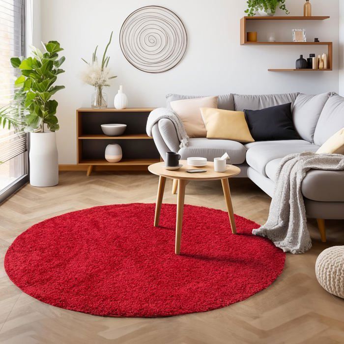 Types Rouge Tapis À Poils Longs, Unicolor - Monochrome, Tapis Rouge, 120 Cm Rond ...