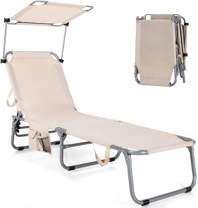 giantex chaise longue pliante réglable à 5 niveaux-transat bain de soleil-auvent rotatif 360°+poche latétale-fauteuil jardin-beige