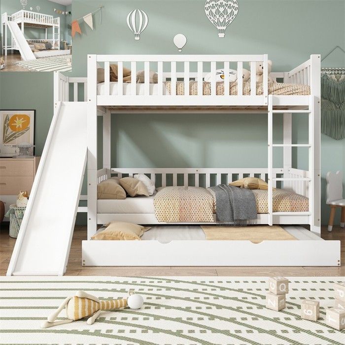 DRIPEX Lit superposé 90x200cm avec lit à roulettes 90x190cm lit enfant avec toboggan échelle droite à 4 marches Blanc
