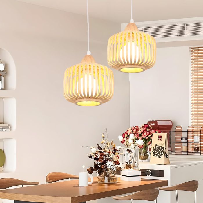 TOKIUS 2 X Suspensions en Bambou Bois - Style Chinois Nouveau - Lustre E27 Vintage Ø18 cm - Luminaire pour Salon Salle à manger