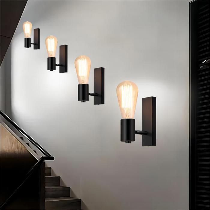 WOTTES Lots de 4 Applique Murale Industrielle Interieur E27 Vintage Lampe Mural Noir Orientable 90° Spot Mural pour Couloir