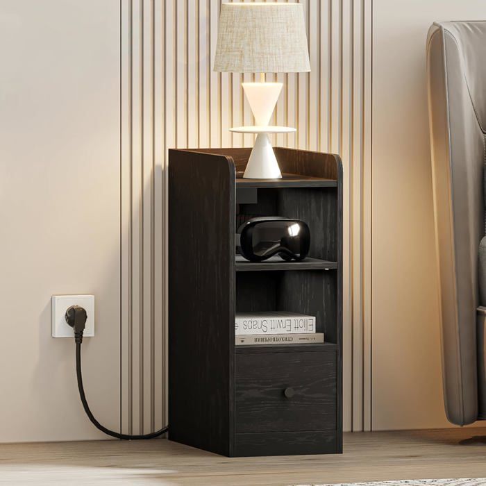 Table de Chevet Lot de 2 avec Multiprise Port USB et Type C Espace de Rangement à 3 Niveaux avec Tiroir pour Chambre à Coucher