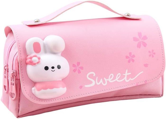 Trousse à Crayons Fille – Grande Capacité, Fonction Pliage, Rangement Compartimenté, Tissu Sergé Rose