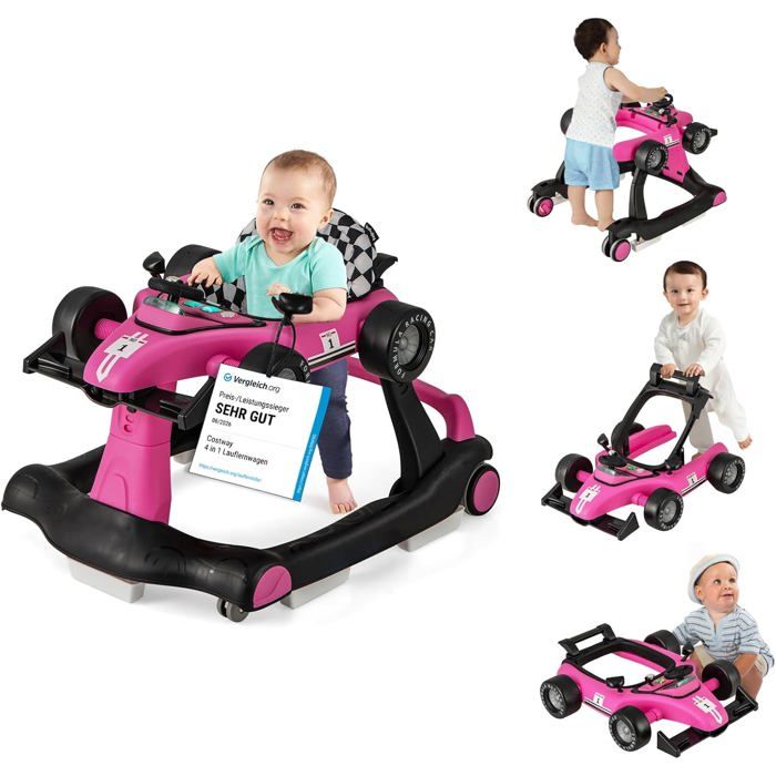 4 en 1 Trotteur Bébé Pliable COSTWAY-Hauteur Vitesse Réglable-Boîte à Musique avec Lumière-6-18 Mois-Roues Silencieuses-Rose Vif 4 en 1 Trotteur Bébé Pliable COSTWAY-Hauteur Vitesse Réglable-Boîte à Musique avec Lumière-6-18 Mois-Roues Silencieuses-Rose Vif