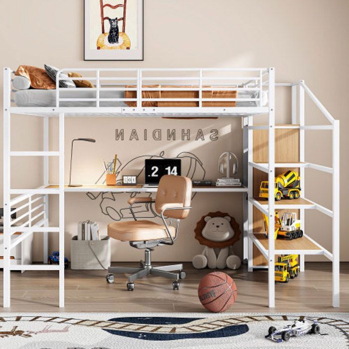 Zravenna Lit Mezzanine, 90 X 200 Cm, Avec Bureau Et Escalier De Rangement, Superposé, Avec Table Multifonction Et Escalier De Rangement Sûr, Cadre De Lit En Bois De Pin, Blanc