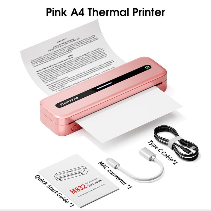 Imprimante Thermique Portable Sans Encre - A4, 200 Dpi, Batterie 1000mAh, 90 Pages - Connectivité Bluetooth