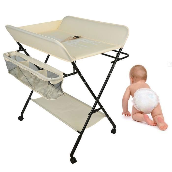 MIPAN.Table à Langer Pliable et Portable - Avec roulettes et Panier - Hauteur Réglable - Cadre Métallique+ Tissu Oxford -Jaune