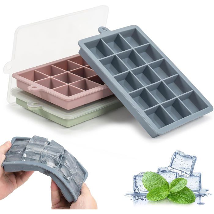 Lot De 3 Bacs À Glaçons En Silicone Vert Avec Couvercle - Grand Bac À
