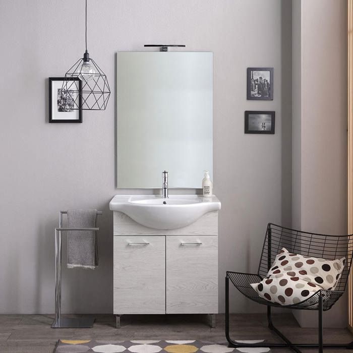 Meuble de salle de bains au sol 75cm chêne blanc effet bois avec miroir et lampe Rimini
