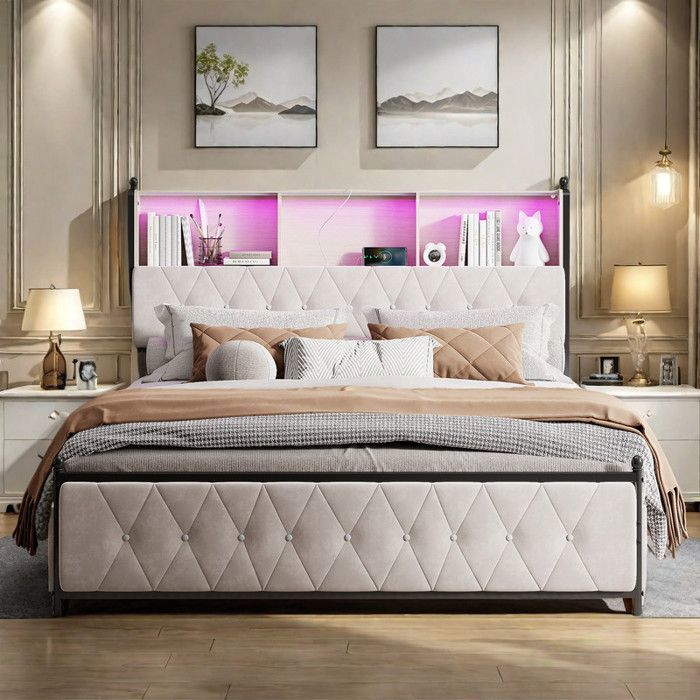 Structure de lit 180x200 cm en metal Lit coffre 180x200 cm Lit adulte 180x200cm Lit double avec LED et 4 tiroirs Sommier Beige
