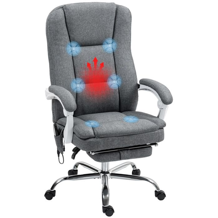 Fauteuil de bureau - HOMCOM - massant et chauffant - hauteur réglable dossier inclinable - tissu aspect lin - 66x60x113-121cm - gris Fauteuil de bureau - HOMCOM - massant et chauffant - hauteur réglable dossier inclinable - tissu aspect lin - 66x60x113-121cm - gris